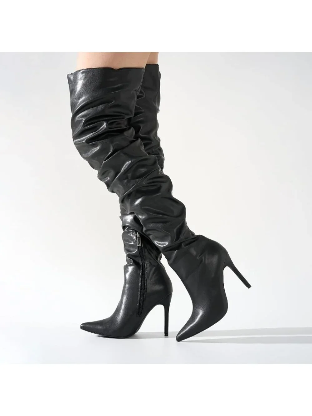 Women's Black Pointed Toe Thigh High Stiletto Heels Slouchy Over-the-Knee Boots